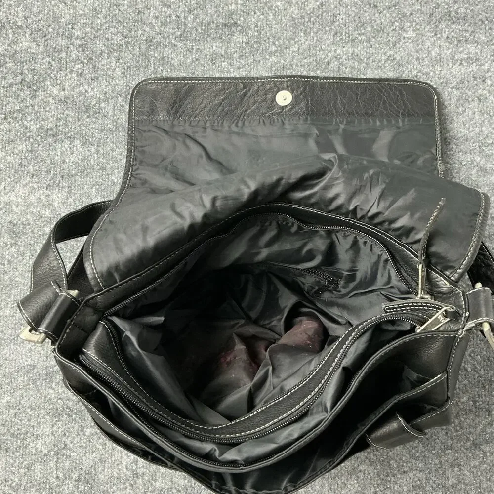Vintage Black Pebbled Leather Messenger Bag Made in Colombia Striped Crossbody